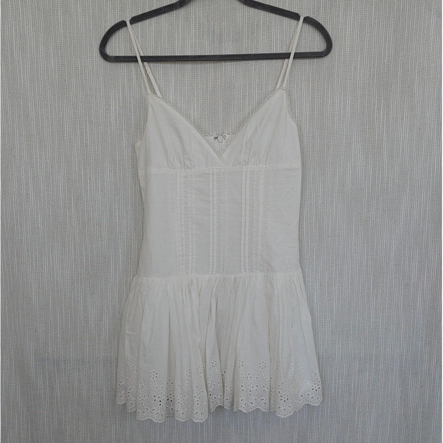 LPA Janelle Mini Dress Womens XS White Poplin Eyelet Ruffle Sleeveless