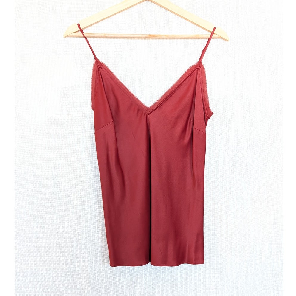 Frame Frayed Hem Satin Cami Top Womens S Burnt Henna Sleeveless V-neck