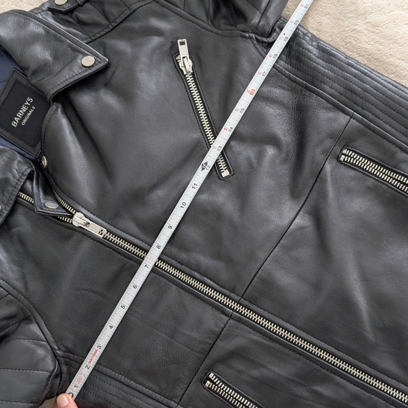 Barneys Men's Originals Black Leather Moto Biker Full Zip Jacket, size M