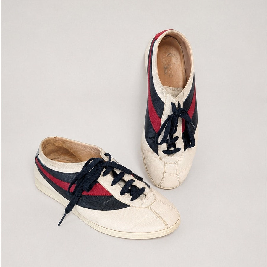 Gucci Falacer Web Low Top Sneakers Unisex Mens US 7/EU40 Leather Striped Logo