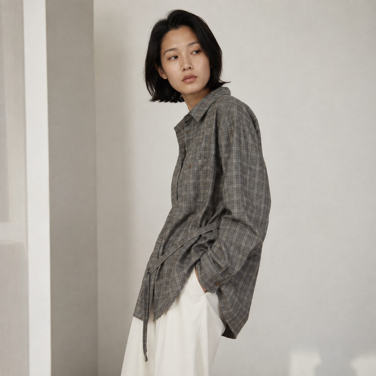 Deiji Studios Wool Check Shirt in Everyday Check Women's XS Gray Plaid Oversized