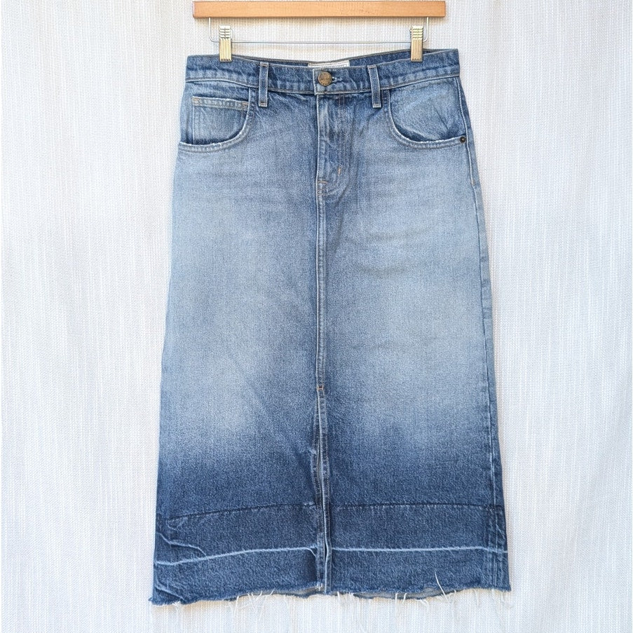 Current/Elliott The Slit Denim Ombre Straight Midi Raw Hem Skirt, size 27