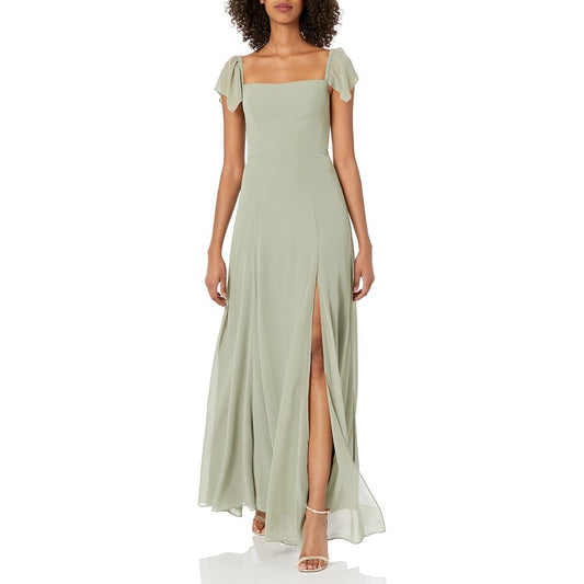 Anthropologie Jenny Yoo Elsie Off Shoulder Flutter Sleeve Green Chiffon Dress, sz 2
