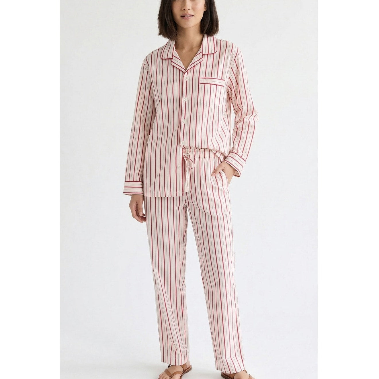 J.Crew Pajama Set in Cotton Poplin Womens M Ivory/Red Stripe Shirt & Pants NWOT