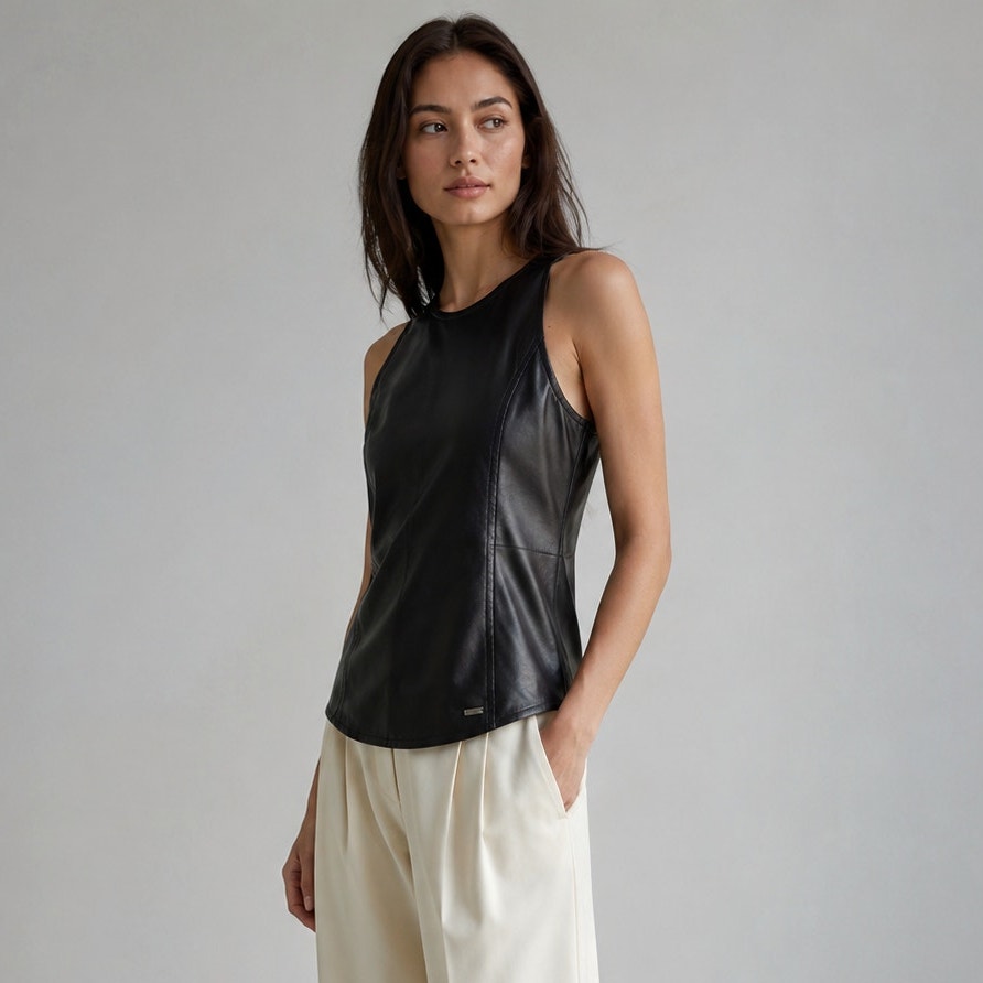 Armani Exchange Tank Top Womens S Black Faux Leather Sleeveless Zipper NWT