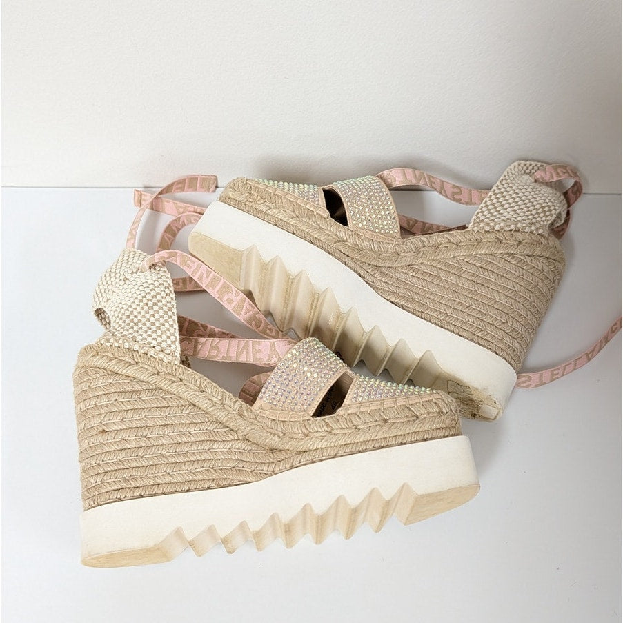 Stella McCartney Gaia Crystal Ankle-Wrap Platform Espadrilles Womens EU 40/US 10