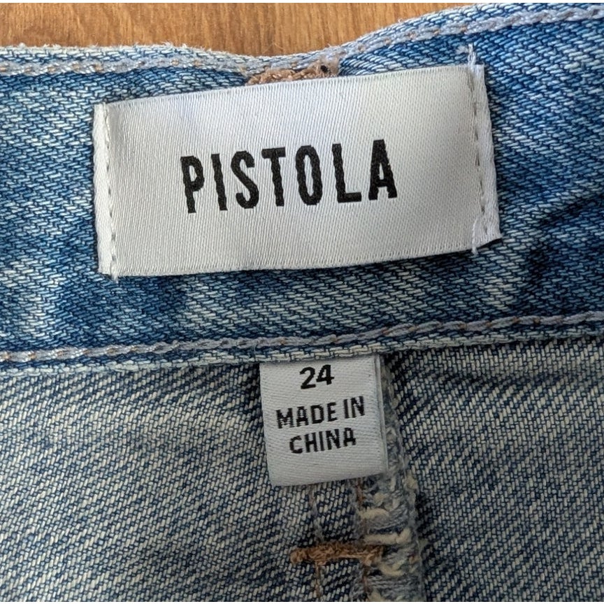 Pistola Alice Denim Midi Skirt Brooklyn Light Blue Front Slit Raw Hem Size 24