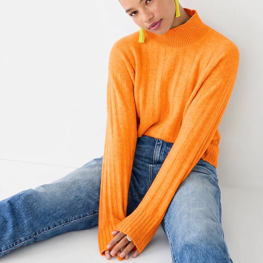 J.Crew Sweater Womens M Orange Ribbed Wool Alpaca Mockneck Supersoft Yarn BM209
