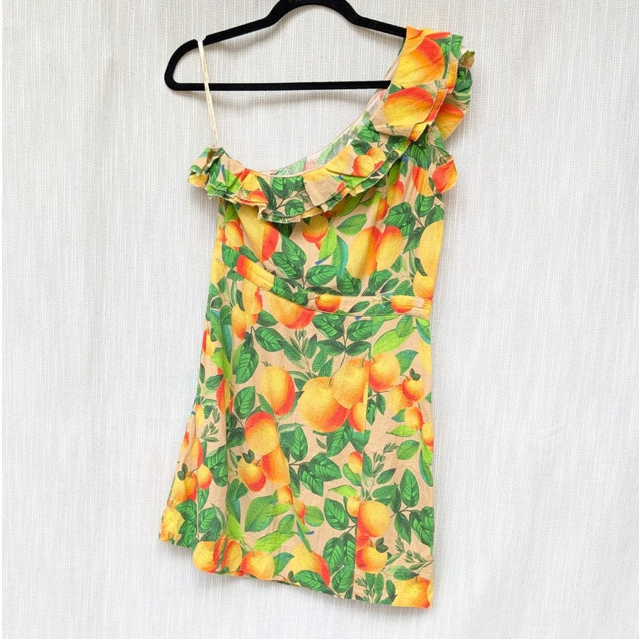 FARM Rio Orange Sands Citrus Print One Shoulder Linen Blend Mini Dress, size M
