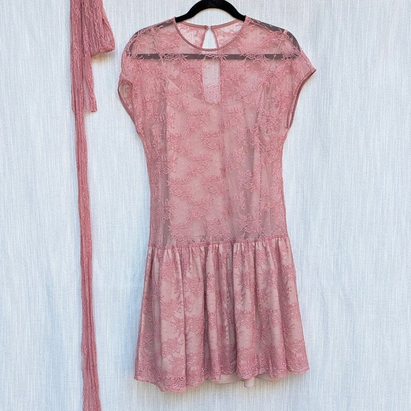 RED Valentino Lace Dress Womens IT 48/ L Pink Belted Short Sleeve Ruffle Mini