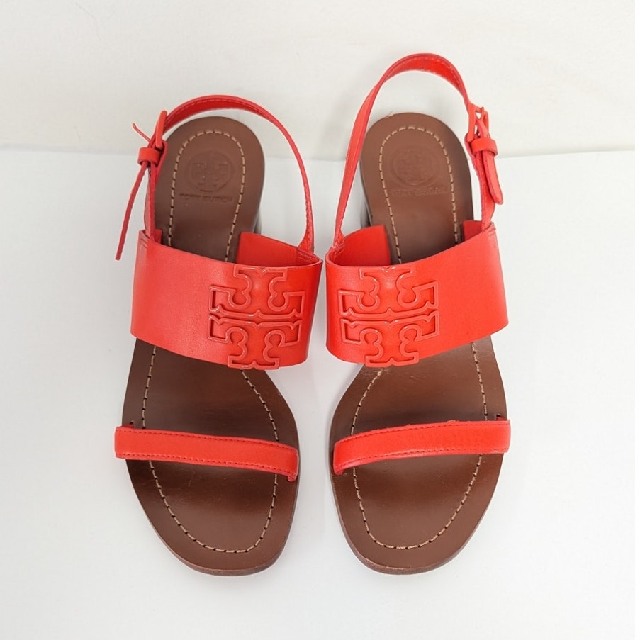 Tory Burch Lowell Orange Red Leather Logo Block Heel Sandals Women's 7M