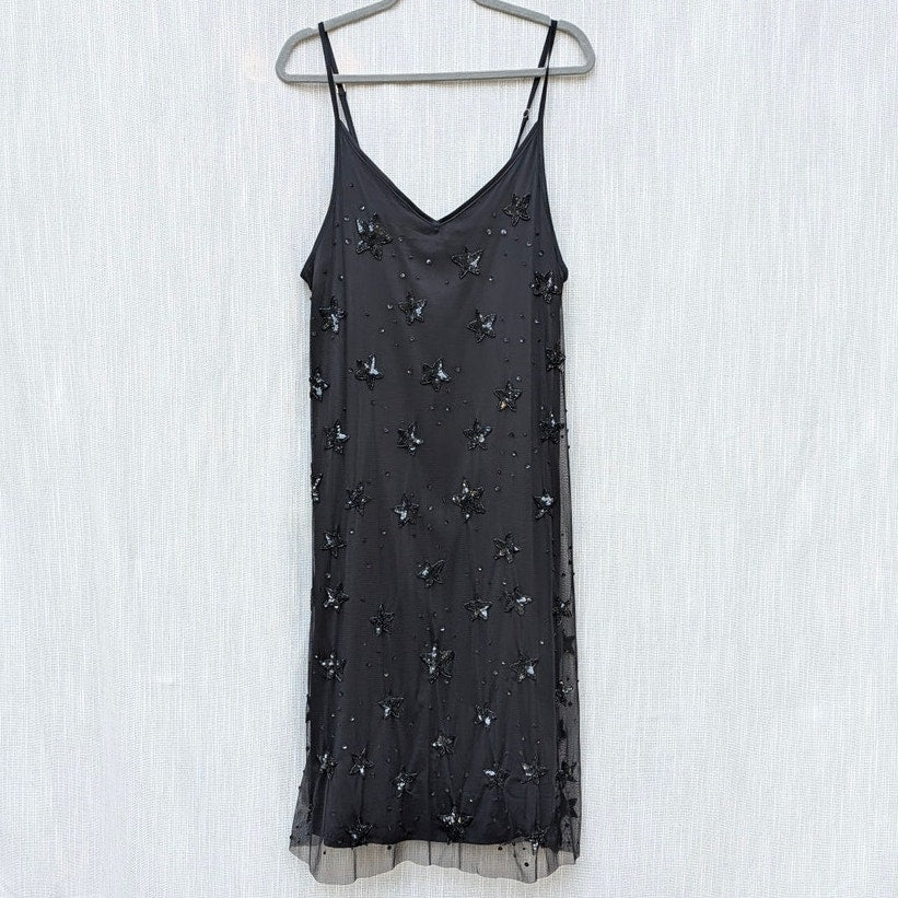 P.A.R.O.S.H Galax Star Embellished Mesh Slip Dress Womens M Black Beaded Midi