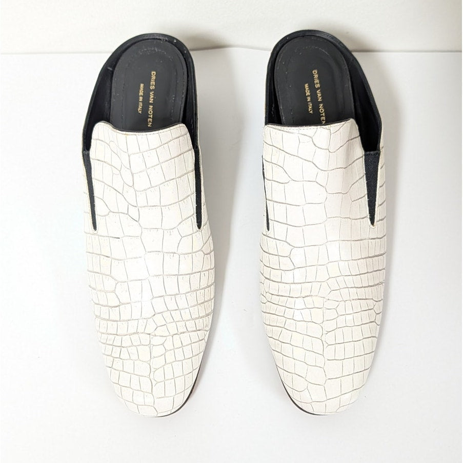 Dries Van Noten Leather Croc Print Mules Womens IT 39.5/US 9.5 White Heeled