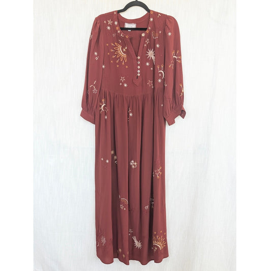 Johnny Was Workshop Maxi Dress S 100% Silk Embroidered Celestial Zodiac Midi
