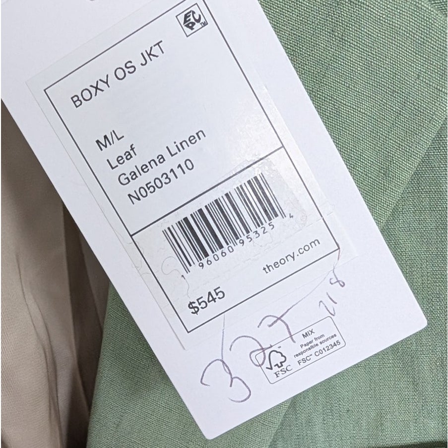 Theory Galena Boxy Oversized Linen Jacket Blazer Womens M/L Green Leaf NWT