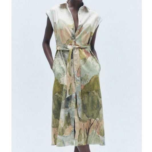 Zara ZW Collection Shirt Dress Womens XS Belted Midi Cotton Landscape Print