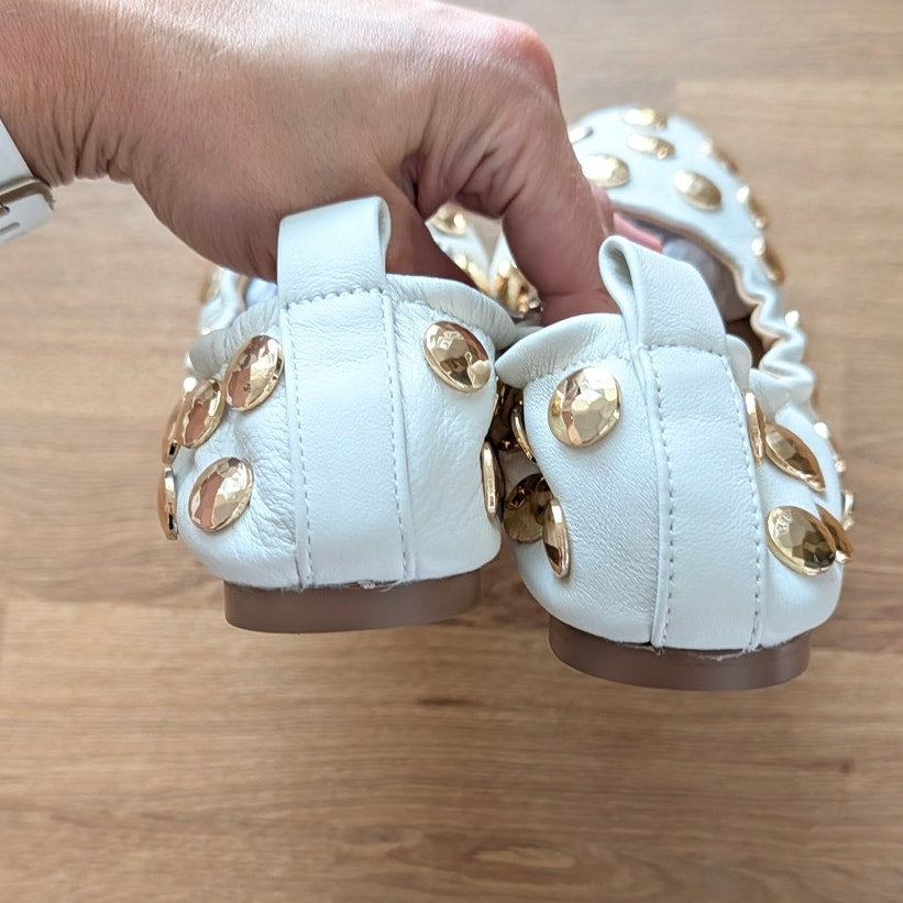 Steve Madden Lanta Flats Womens 6 White Leat Leather Gold Studded Ballet