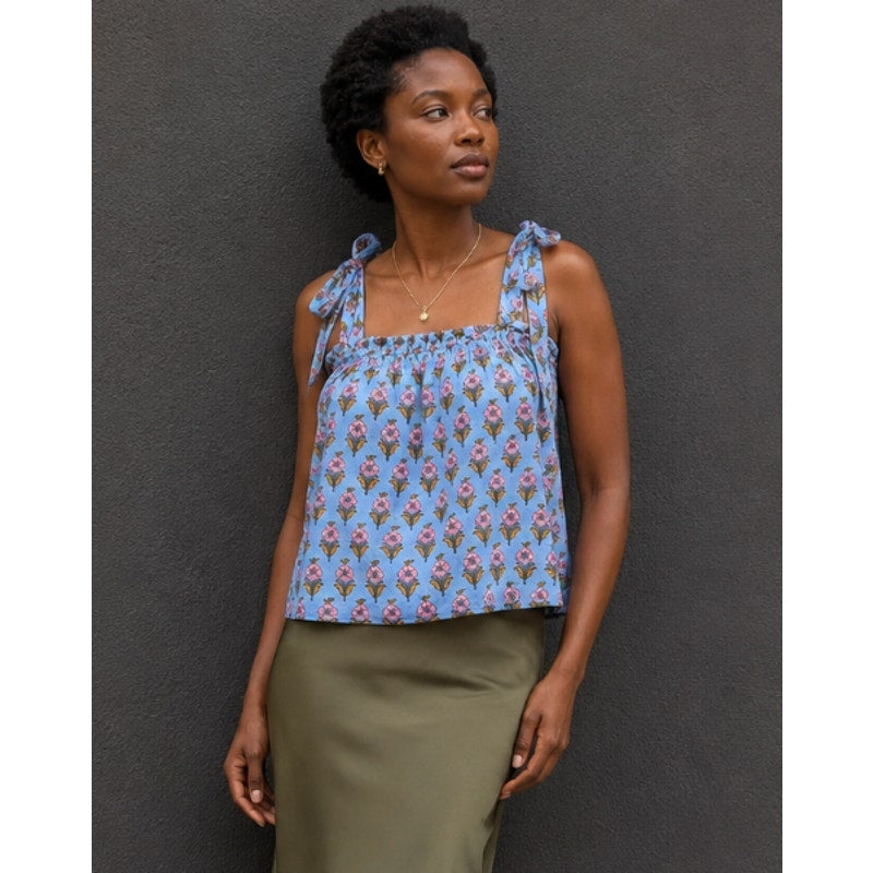 Marea Blue Floral Tie Shoulder Sleeveless Cotton Blouse Top, size XS