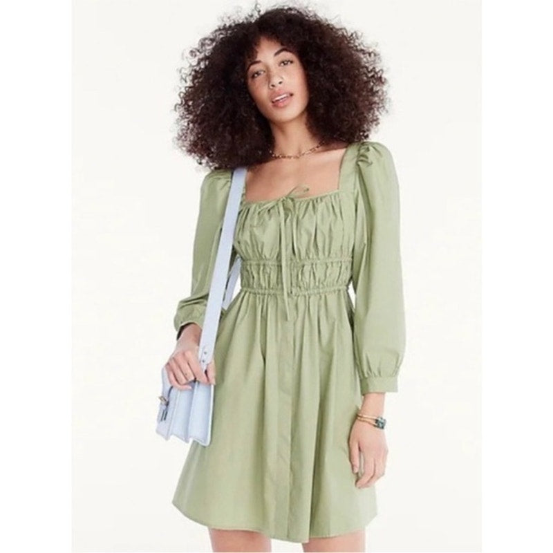 J.Crew Dress Womens 8P Green Cinched-waist Cotton Poplin Long Sleeve Mini