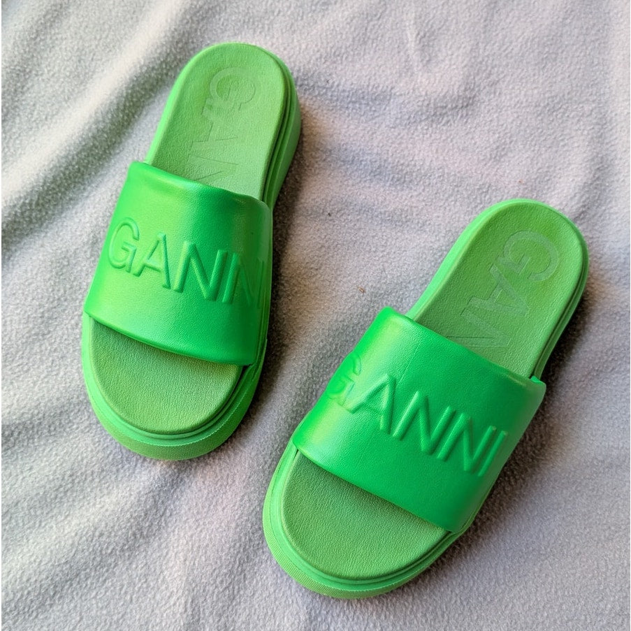 Ganni Green Rubber Round Open Toe Logo Slide Sandals, size EU39/US8