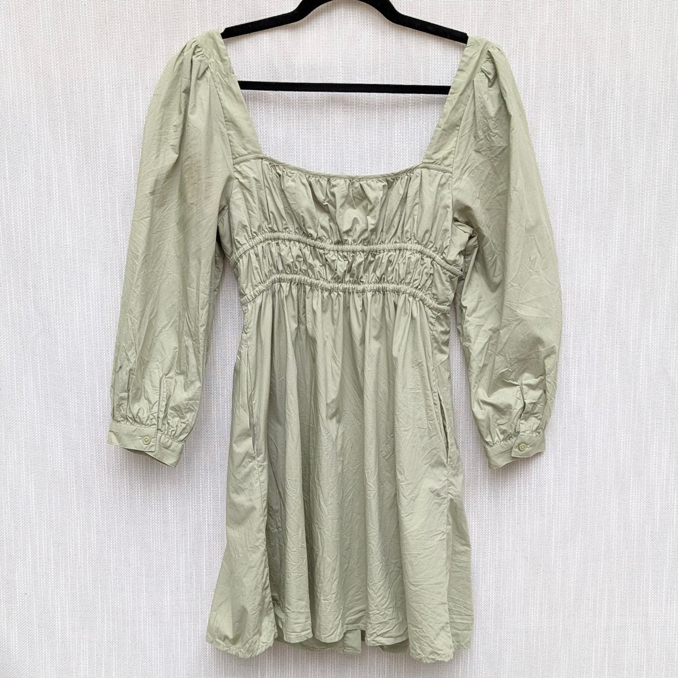 J.Crew Dress Womens 8P Green Cinched-waist Cotton Poplin Long Sleeve Mini
