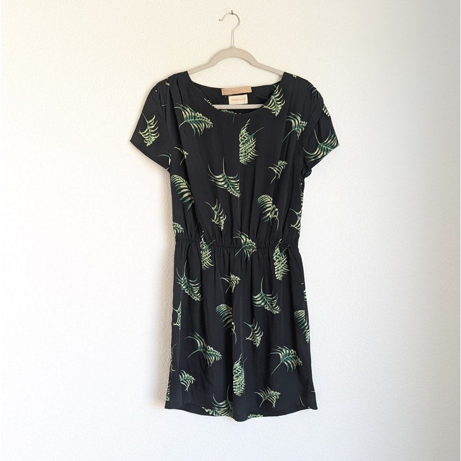 MOMONI Black Floral Print Silk Blend Short Sleeve Short Mini Dress, size S