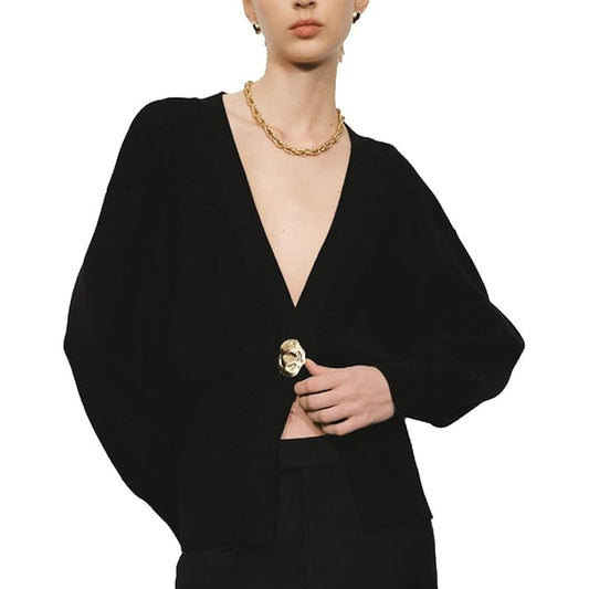 Urban Revivo Cardigan Womens 6 Black V Neck Knitted Gold Button Long Sleeve