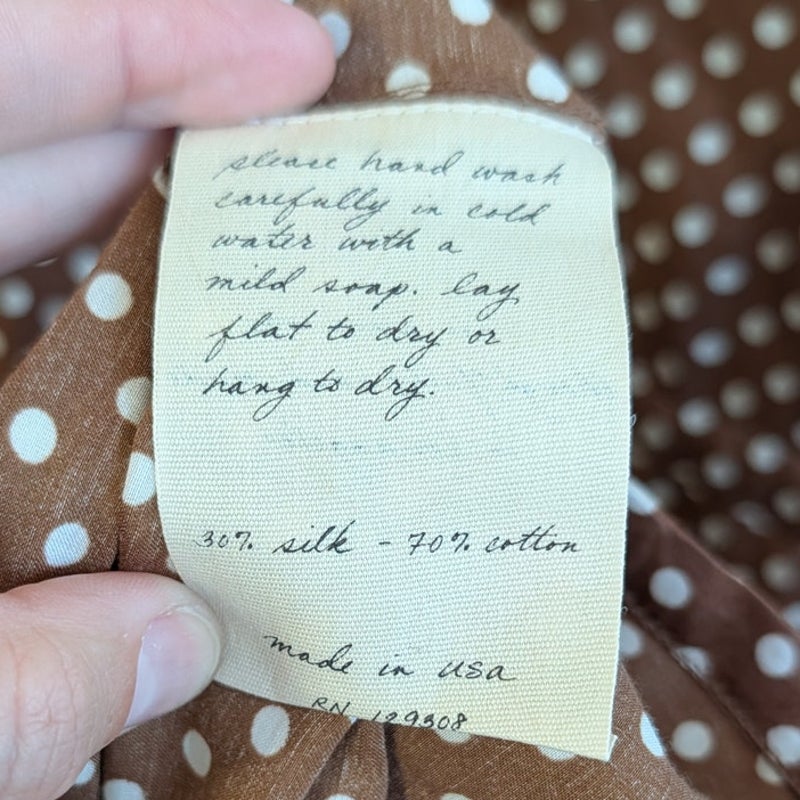 Raquel Allegra Brown White Polka Dot Silk Cotton Midi Dress Size 0