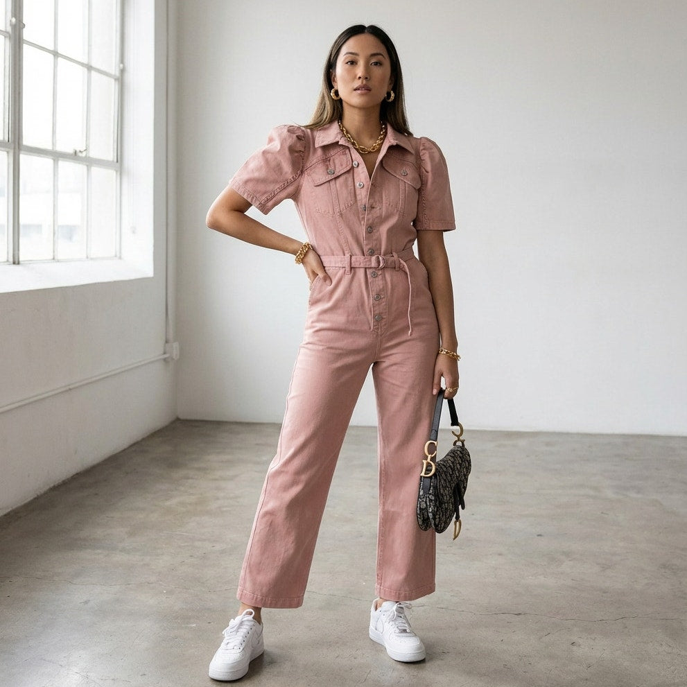 Sea NY Corbin Pink Short Sleeve Long Denim Jumpsuit, Size 10