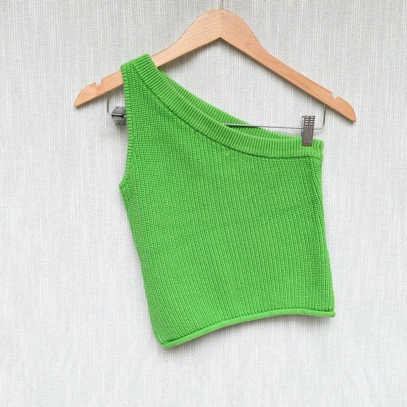 Simon Miller Zen Top Womens S Happy Green Knit Cotton One Shoulder Cropped Logo