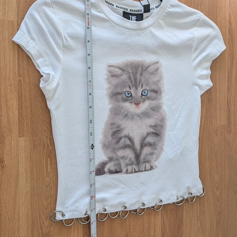 The Ragged Priest Kitty Baby Tee T-shirt Womens 8 White Cotton Short Sleeve NWT