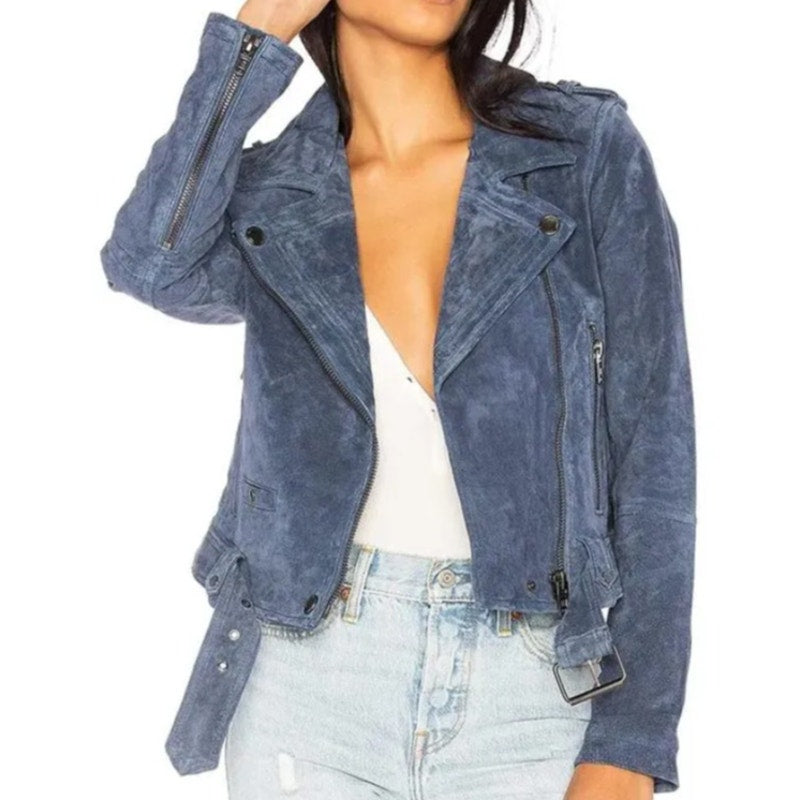 Blank NYC Morning Suede Moto Jacket Womens M Blue Long Sleeve Zip