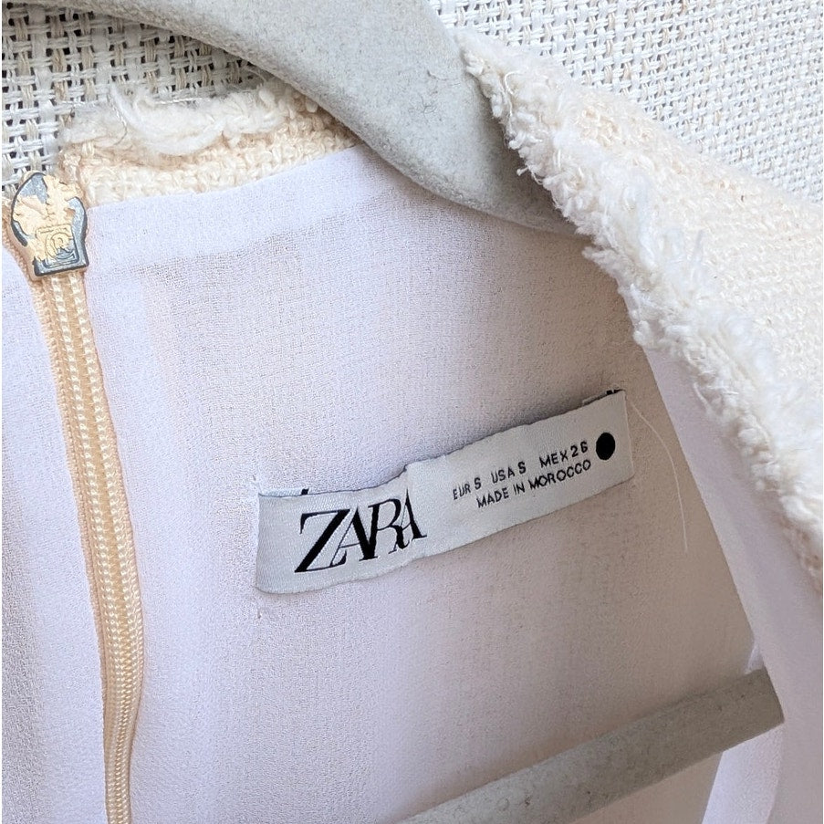 Zara Dress Womens S Cream Tweed Cotton Sleeveless V-neck A-line Midi