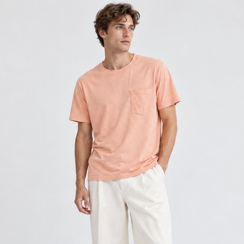 A.P.C. Men's Peachy Pink Cotton Chest Pocket Crew Neck T-Shirt Size L