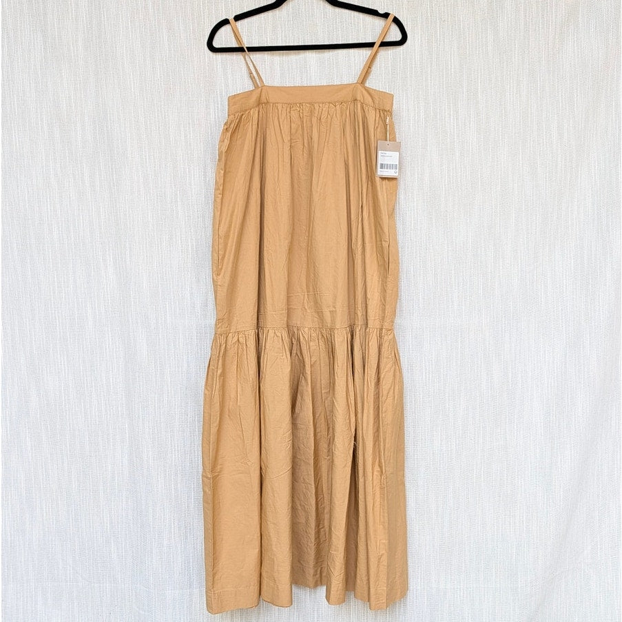 For Days Poplin Dress Womens M Khaki Sleeveless Tiered Midi Maxi NWT
