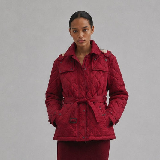 Burberry Finsbridge Red Quilted Hooded Belted Jacket Womens L Full Zip