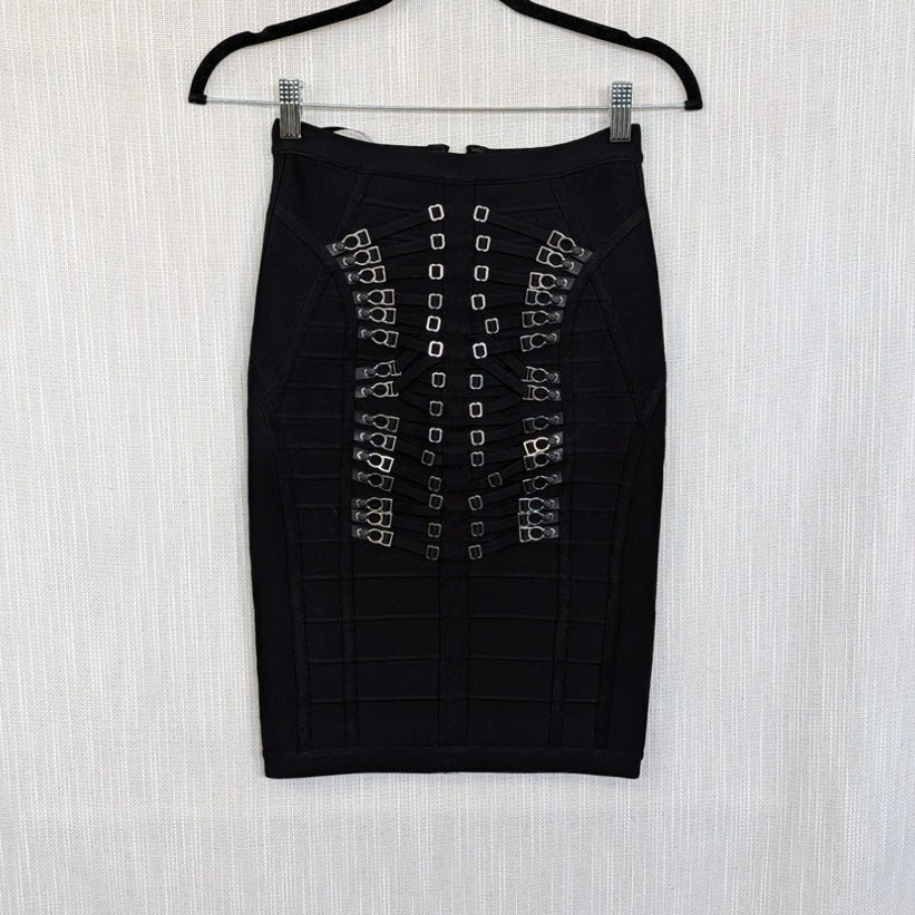 Herve Leger Mikayla Black Buckle Detail Bandage Mini Midi Pencil Skirt XS
