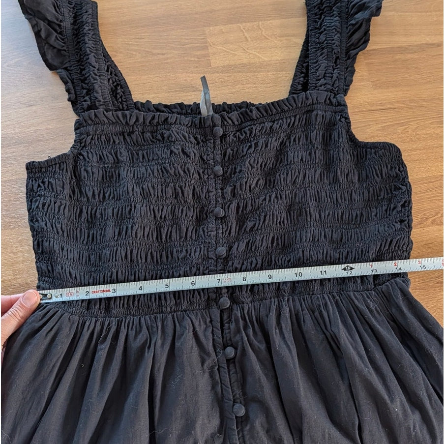 Anthropologie The Peregrine Square-Neck Midi Dress Womens L Black Smocked A-line