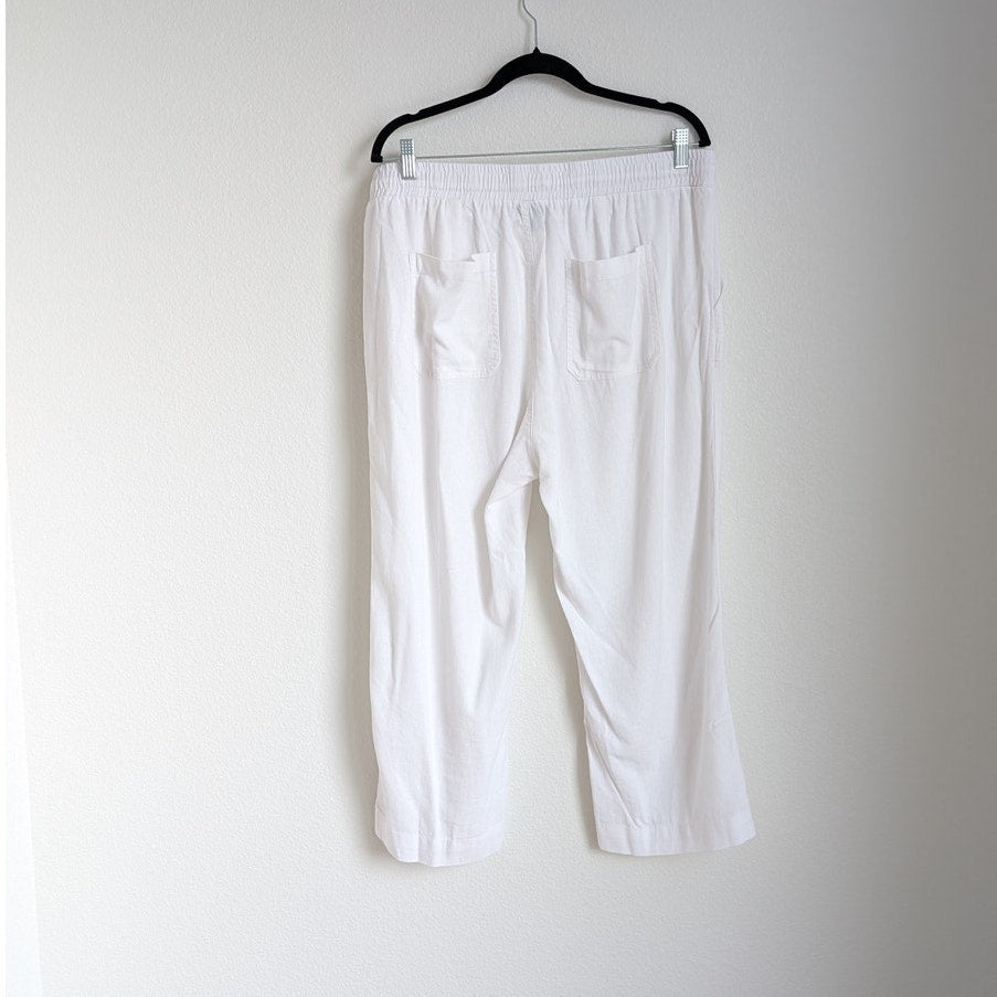 Ellen Tracy White Linen Blend Drawstring High-rise Cropped Wide Leg Pants, size L
