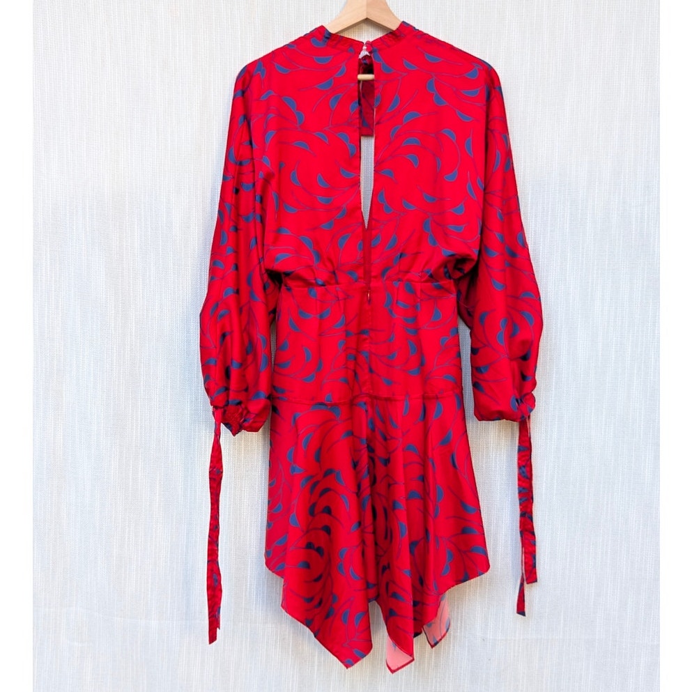 Self-portrait Red Satin Print V-neck Long Sleeve Mini Dress, size 0