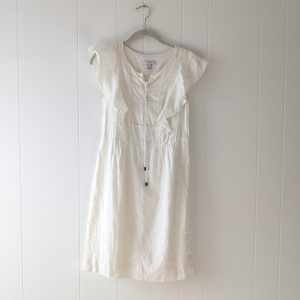 J.Crew White Linen/Cotton Ruffled Sleeve Mini Knee Length Sundress Dress, size 0
