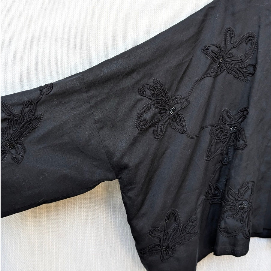 Zara Black Floral Embroidery Beaded Open Front Kimono Jacket, size M-L