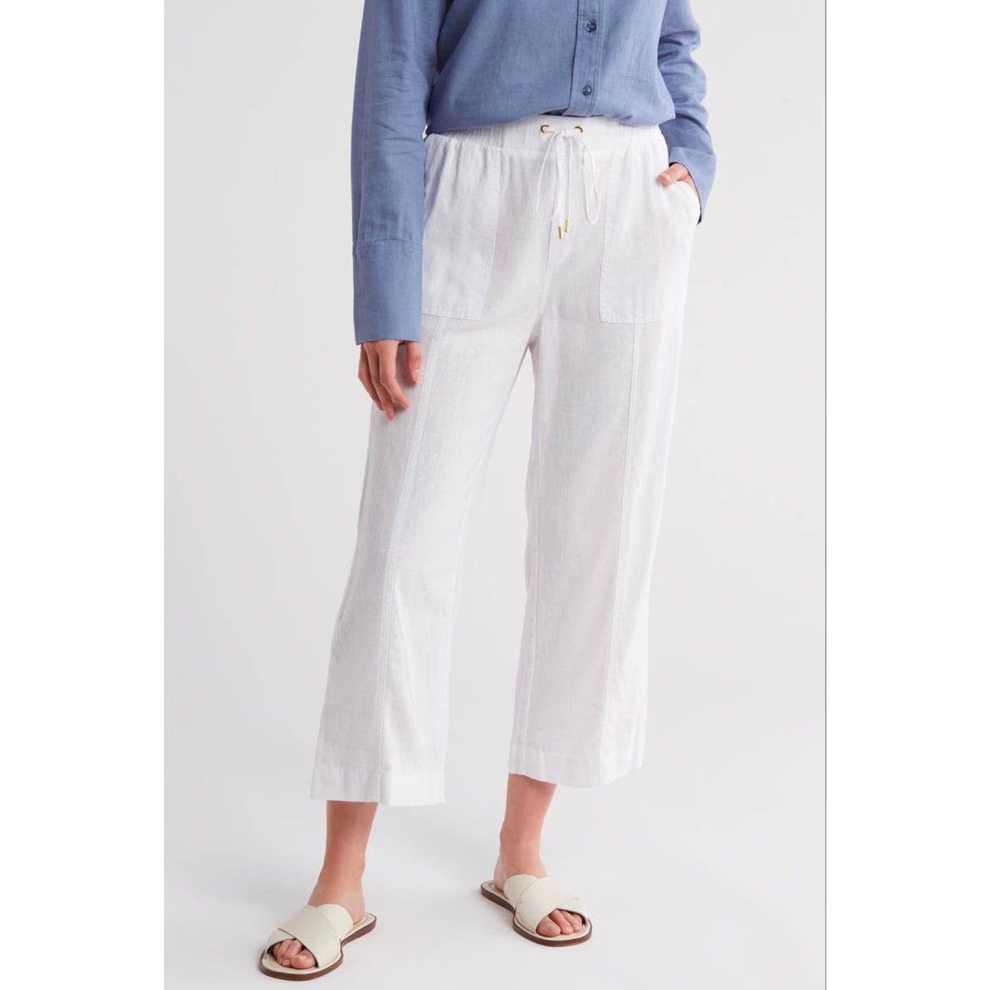 Ellen Tracy White Linen Blend Drawstring High-rise Cropped Wide Leg Pants, size L