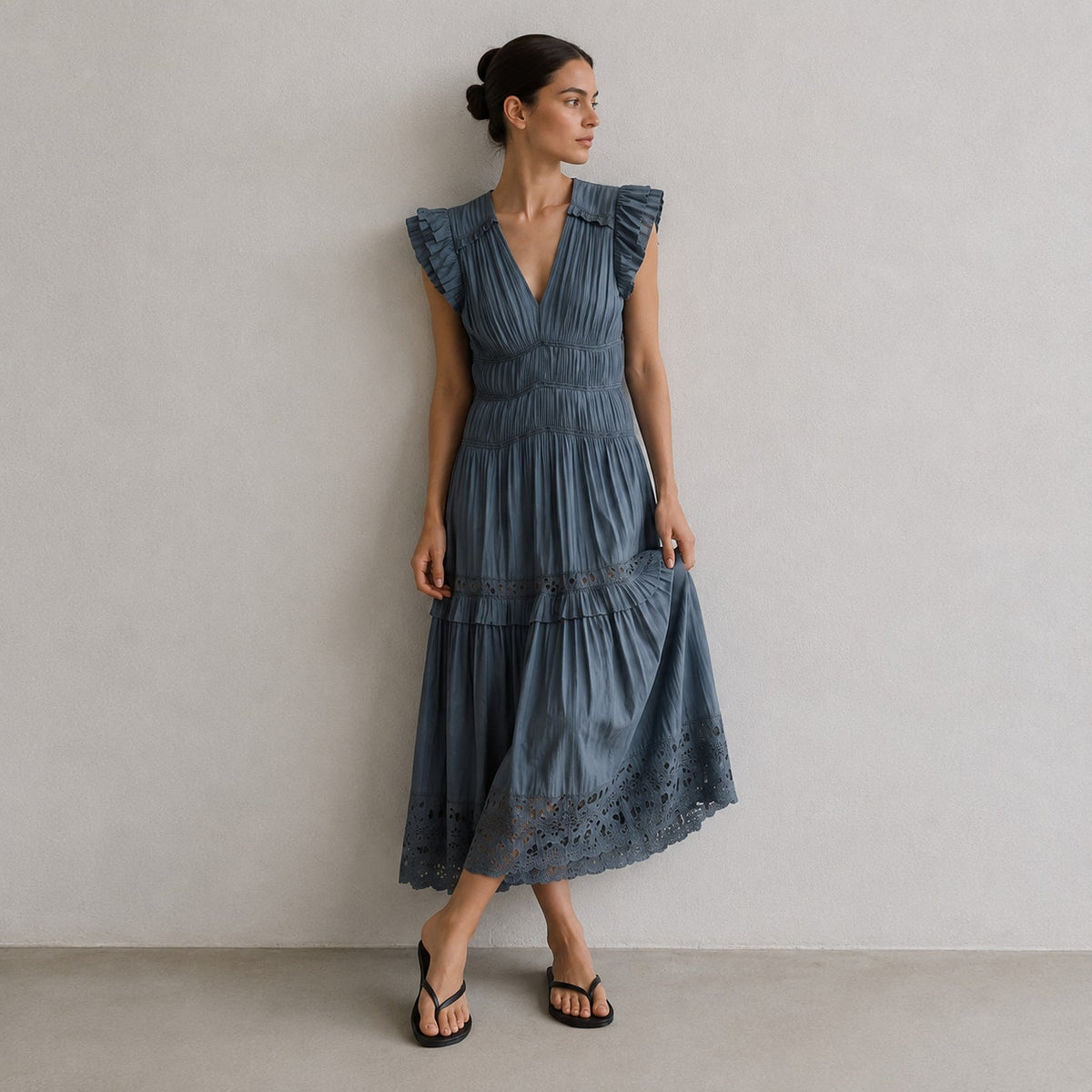 Ulla Johnson Claudia Midi Dress Womens 2 Slate Blue Pleated Tiered V-neck