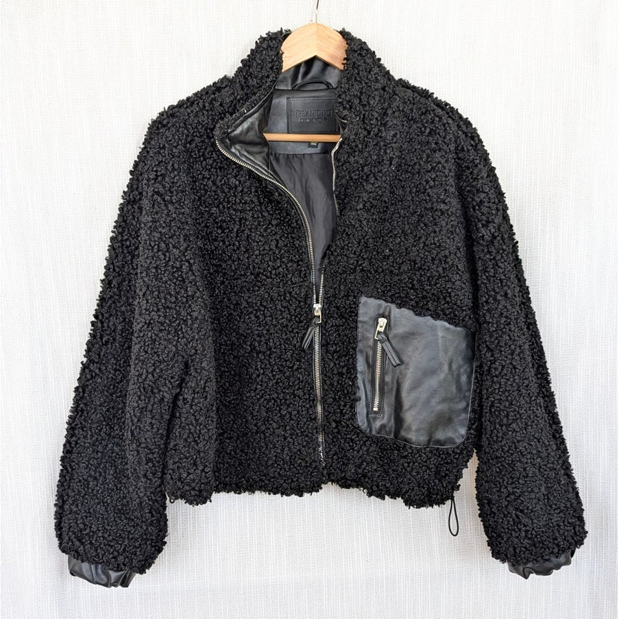 BLANKNYC Faux Fur Shearling Jacket Womens S Black Faux Leather Accents Zip Short
