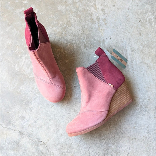 Toms Kelsey Bootie Womens 6 Burgandy Leather Suede Slip On Wedge Heel Ankle NWT