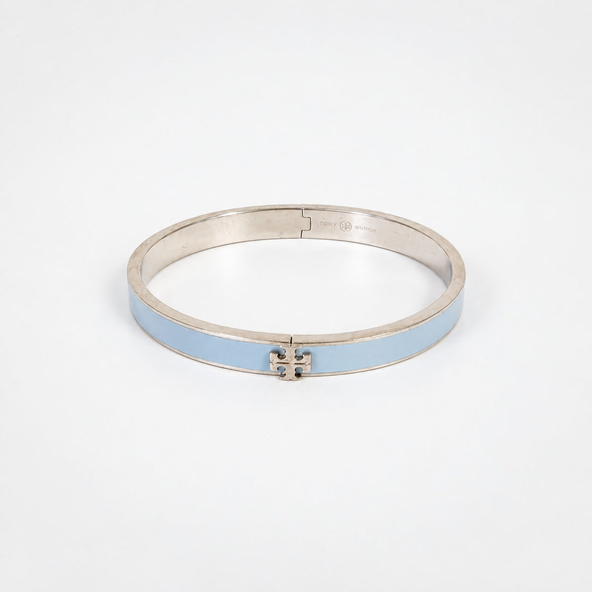 Tory Burch Kira Light Blue Enamel Silver Tone Hinged Bangle Bracelet