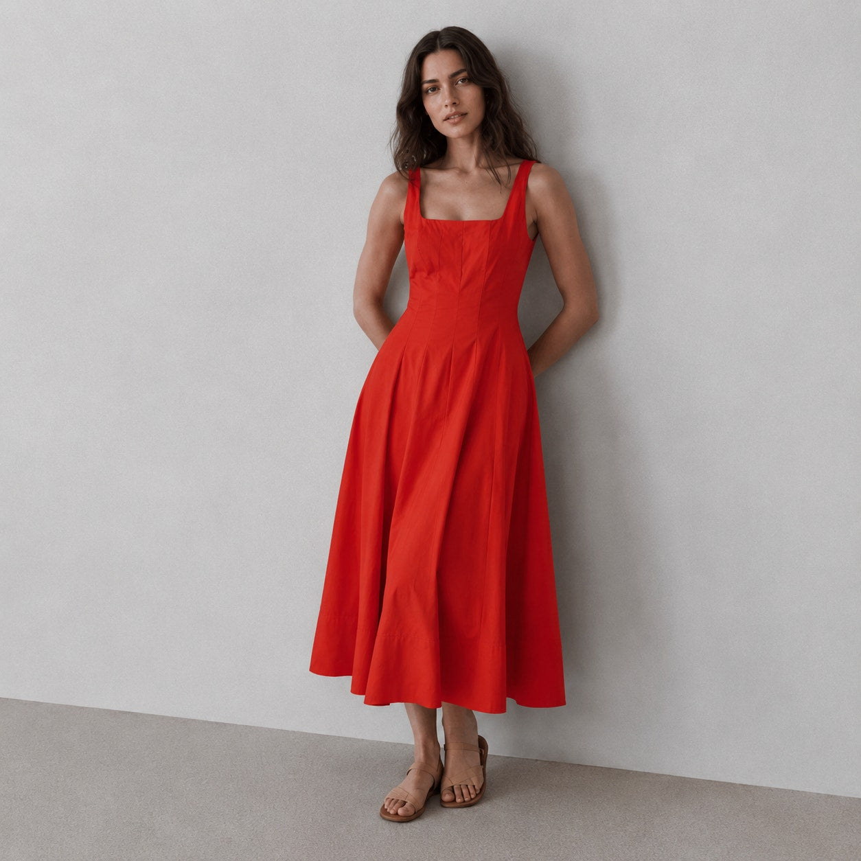 Staud Wells Midi Dress Womens 10 Orange Sleeveless Square Neck A-line