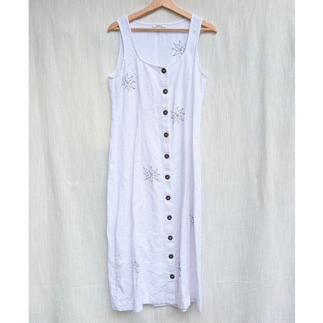 Madewell Button-Front Midi Dress in 100% Linen Womens 8 NL088 White Sleeveless