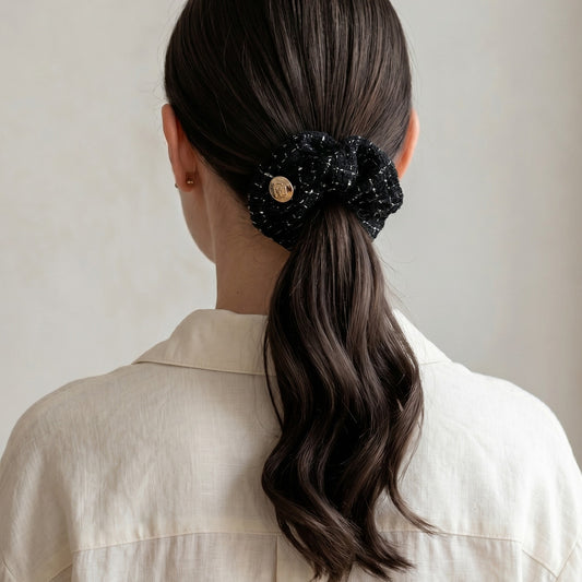 NWOT Anine Bing Camellia Scrunchie Black Tweed Monogram Wool Blend 80s